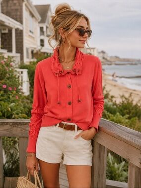 Tribella Coral Button-Front Drawstring Collar Cardigan